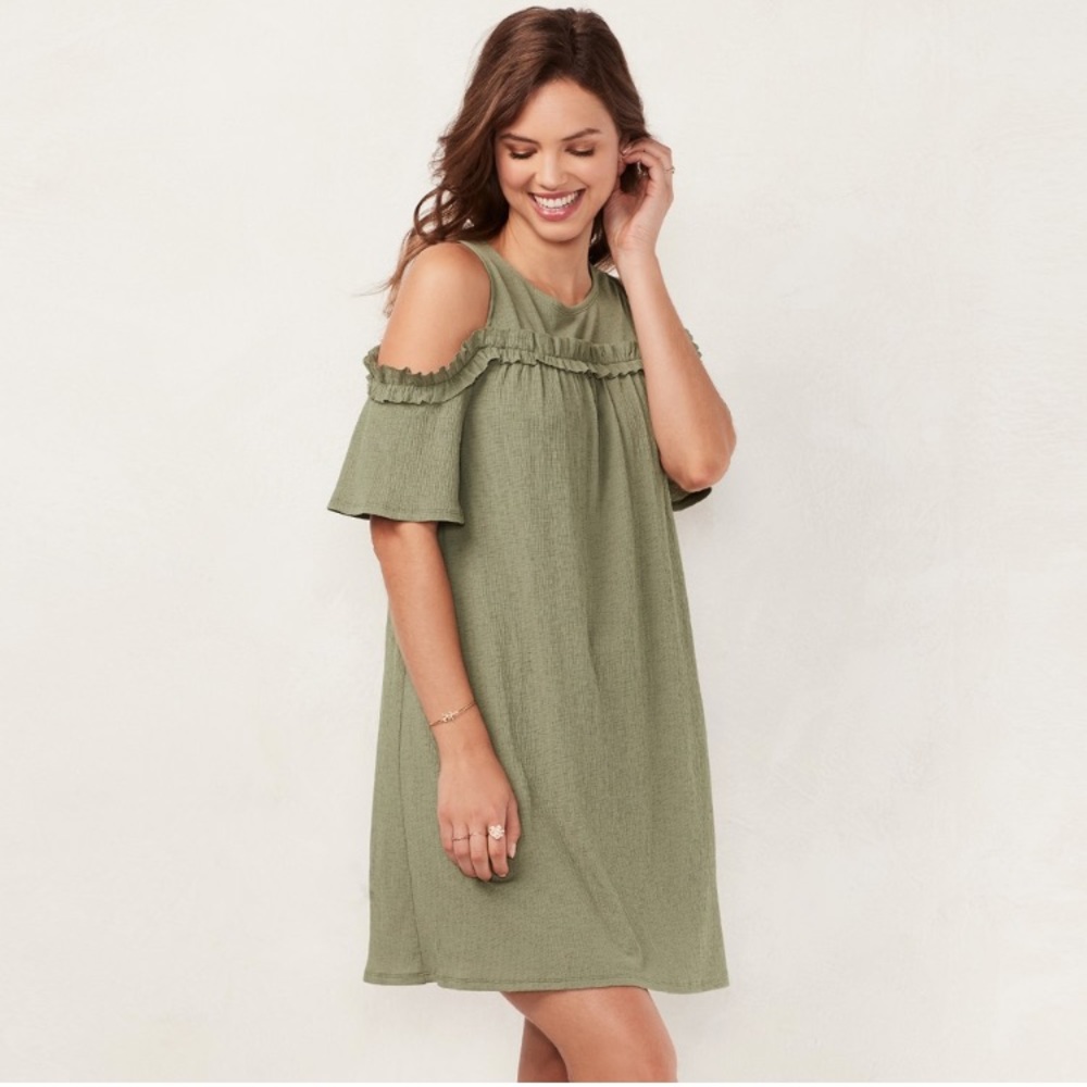 LC Lauren Conrad Ruffle Cold Shoulder Short Sleeve Dress Olive Green Women’s XS